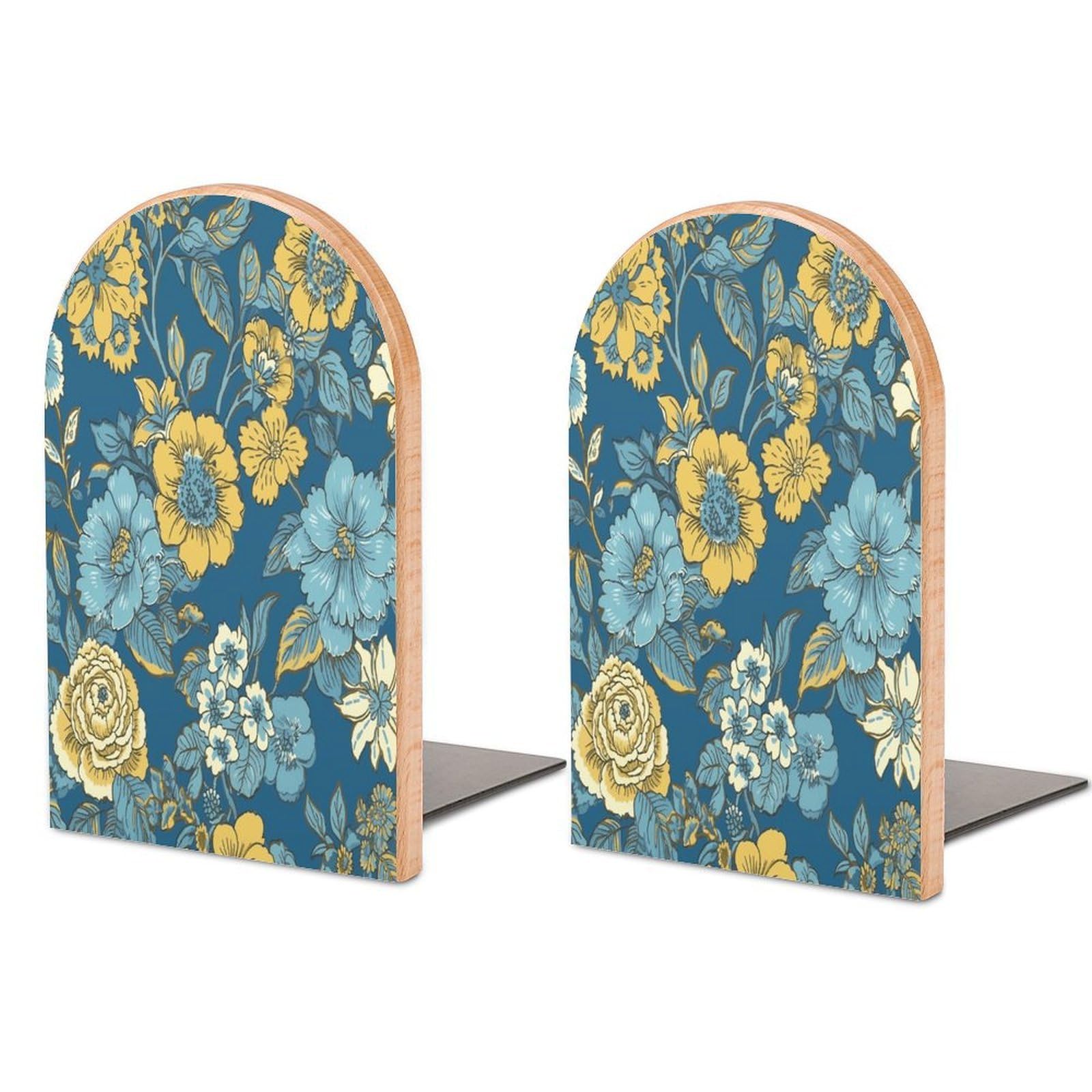 Sujetalibros de madera con flores para estantes soporte de libros moderno 1 par