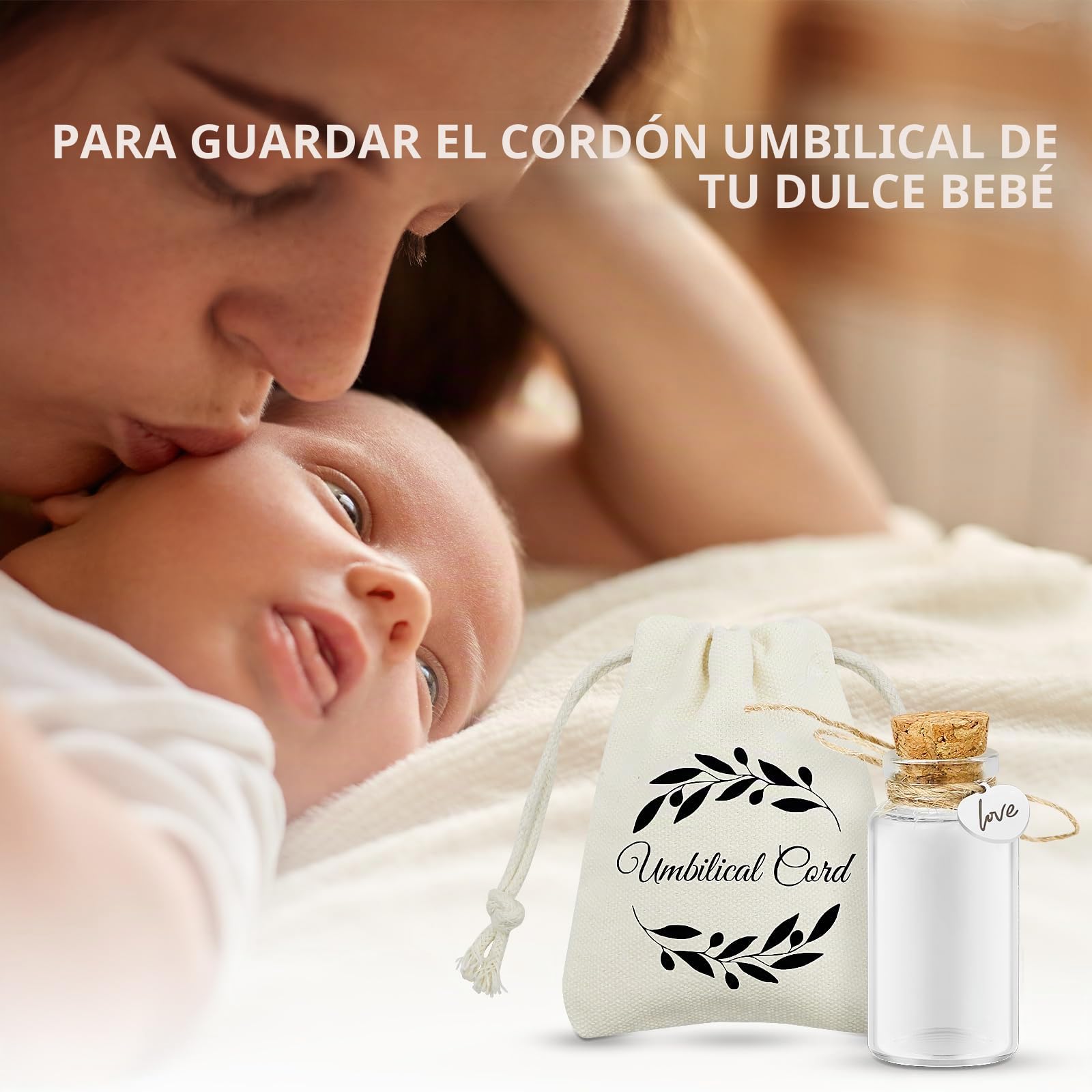 Botella de vidrio con corcho para guardar el cordón umbilical/cabello fetal, ideal como recuerdo para recién nacidos, bautizos o baby showers. Incluye bolsa de regalo. (love)