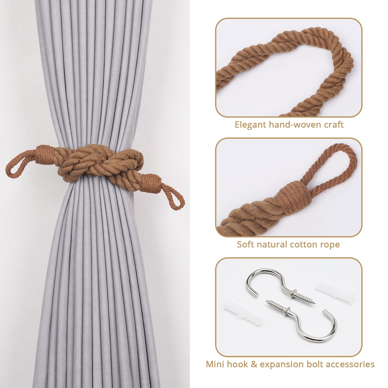 Pretty Jolly 2 Pack Natural Cotton Rope Curtain Tiebacks Elegant Boho Style Decor Drape Tie Backs Soft Hand-Woven Double Rope Curtain Holdbacks with Metal Hook for Home & Office Drapery (Light Coffee) - Image 2