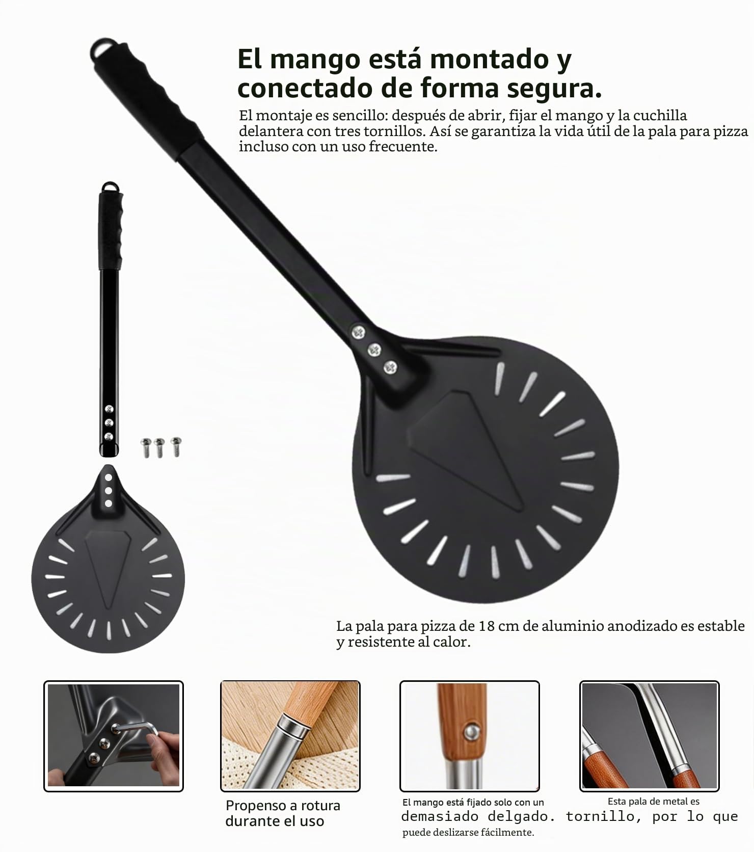 Juego de pala para pizza perforada, pala perforada de aluminio, cómodas asas aisladas térmicamente extraíbles, con espátula para pizza de 7 zoll y 12 zoll, giro para transportar pizza