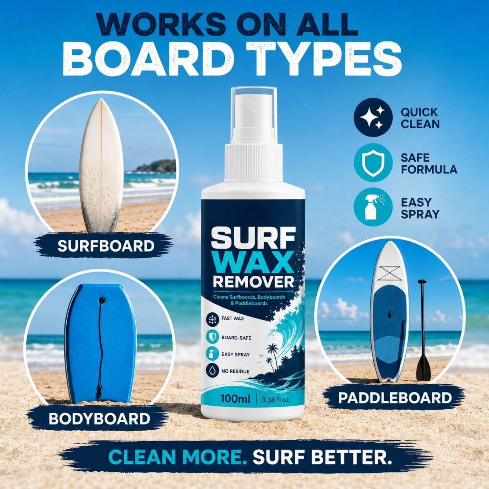 Surfbrett-Wachsentferner-Spray, schnell wirkende Reinigungsformel, schonend für Gelcoat, entfernt Rückstände und Schmutz, stellt die Oberfläche von Surfbrettern, Paddleboards und Bodyboards (6pcs)