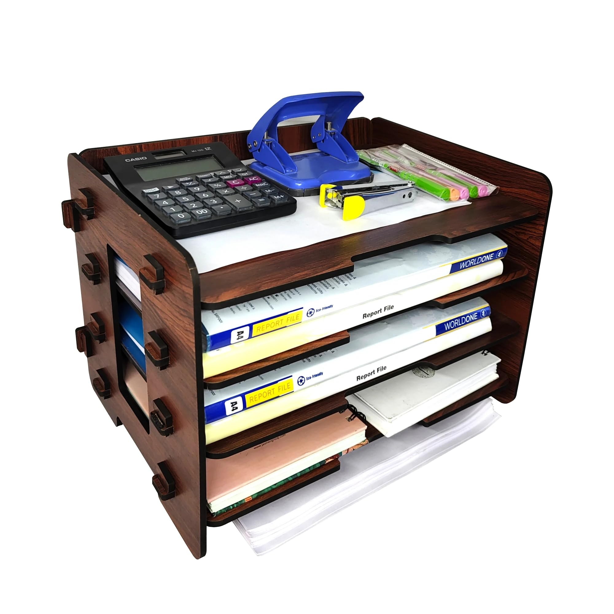 Office File Tray – A4 Desk Tidy Organiser with Free Mobile Holder | 4-Tier Document, Paper & Letter Tray | Multipurpose Desk Storage Rack for Home & Office (Rolex Darkwood)-image-9