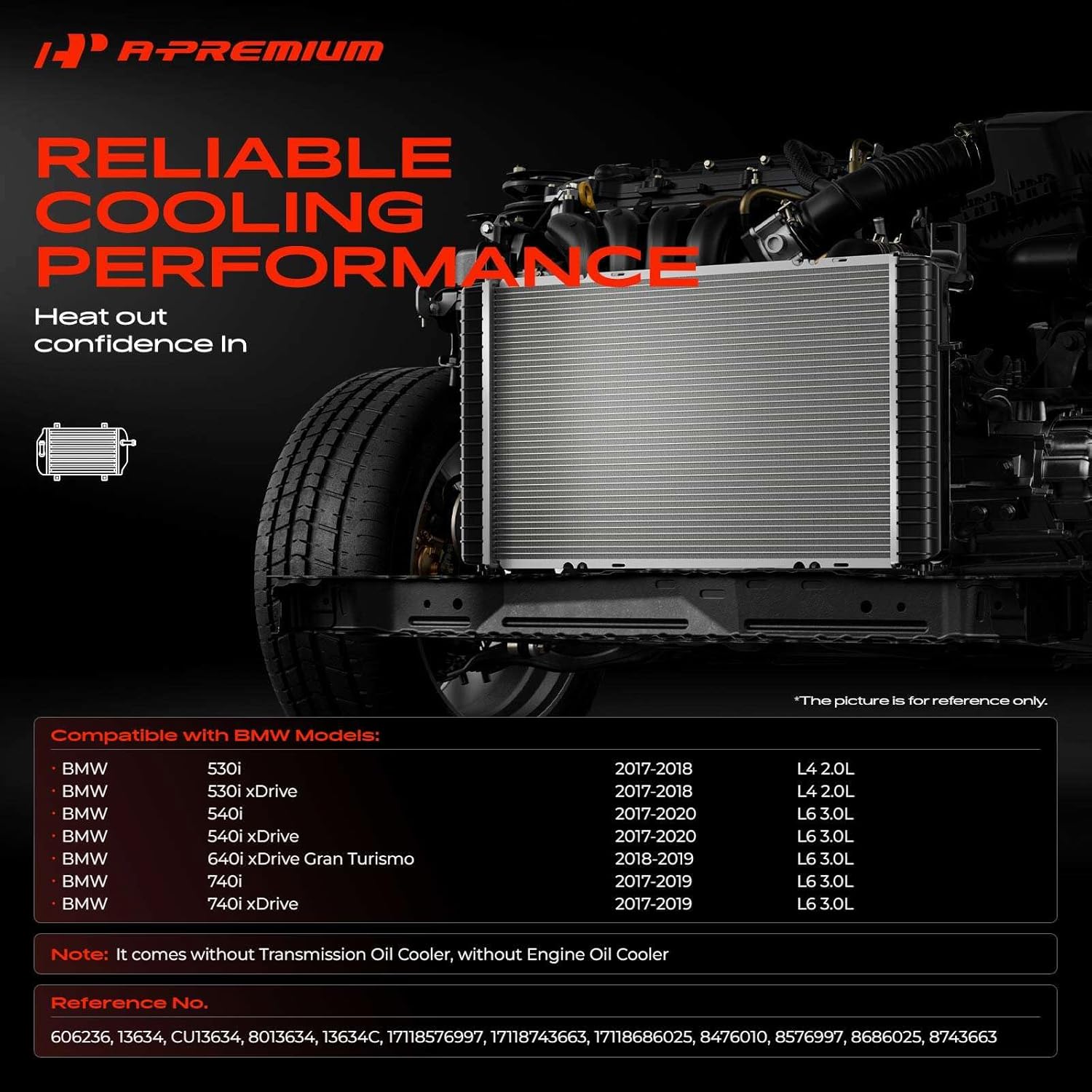 a-premium engine coolant radiator assembly compatible with bmw 530i/530i xdrive 2017 2.0l, 540i/540i xdrive 2017 3.0l, 740i 2016-2020, 740i xdrive 2017-2020 3.0l