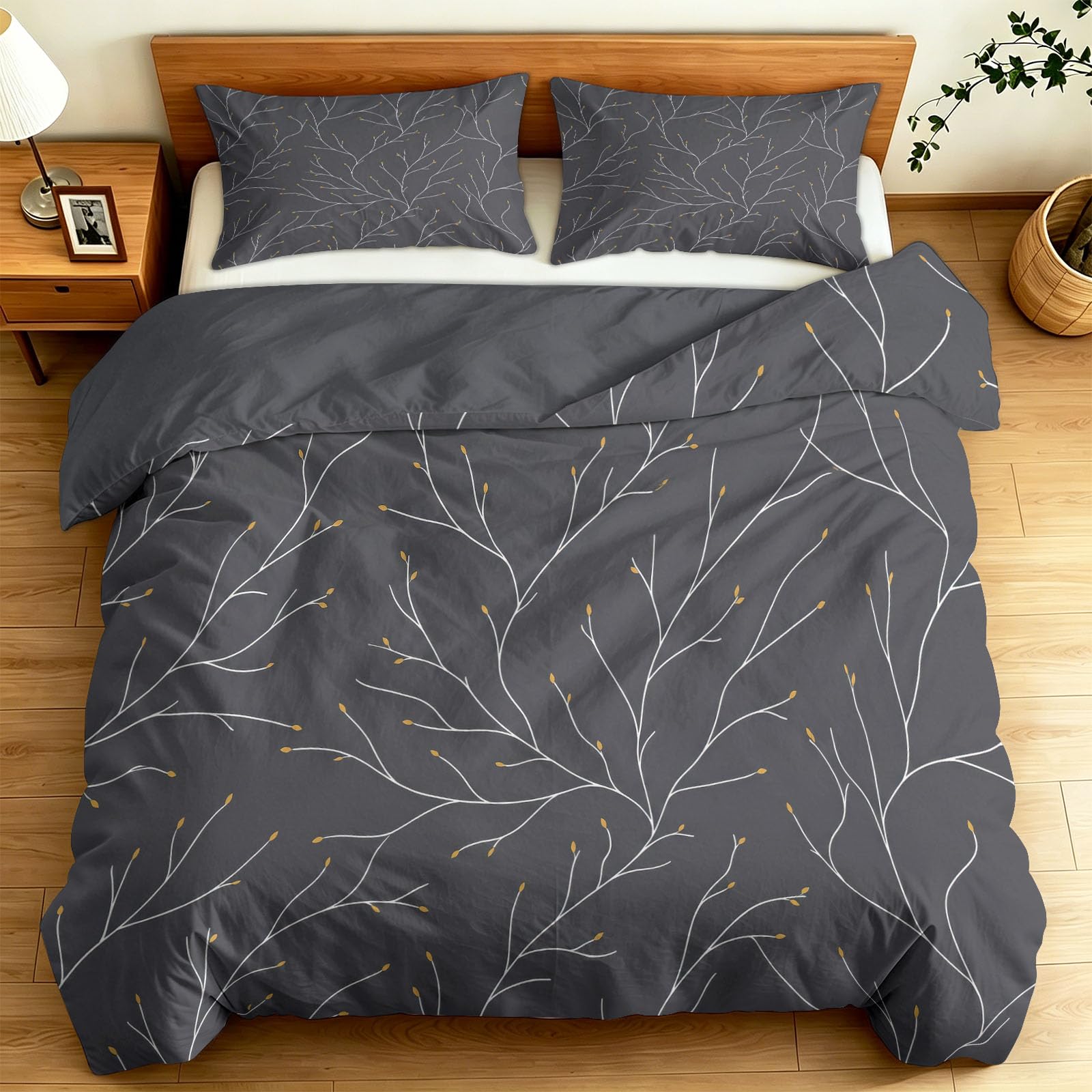 Gris Parure de Lit 3 Pièces Lignes Moderne Feuilles Plantes Literie, Douce Housse de Couette 140 x 200 cm et 2 taies d'oreiller, Parure de lit 2 Personnes avec Fermeture éclair, Minimalist