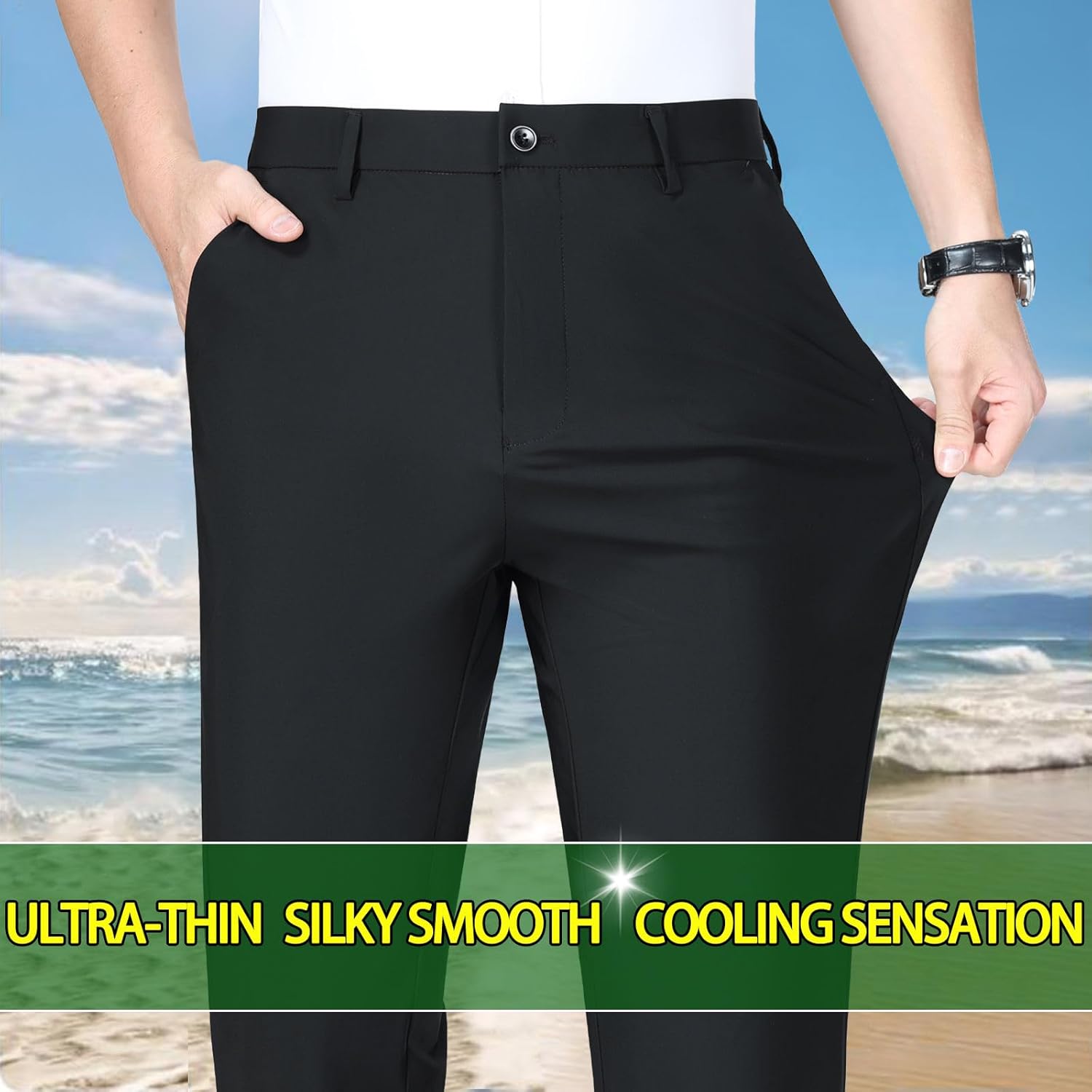 Men's Classic-Fit Dress Pants with 4 Pockets Expandable-Waist Stretch Lightweight Golf Pants