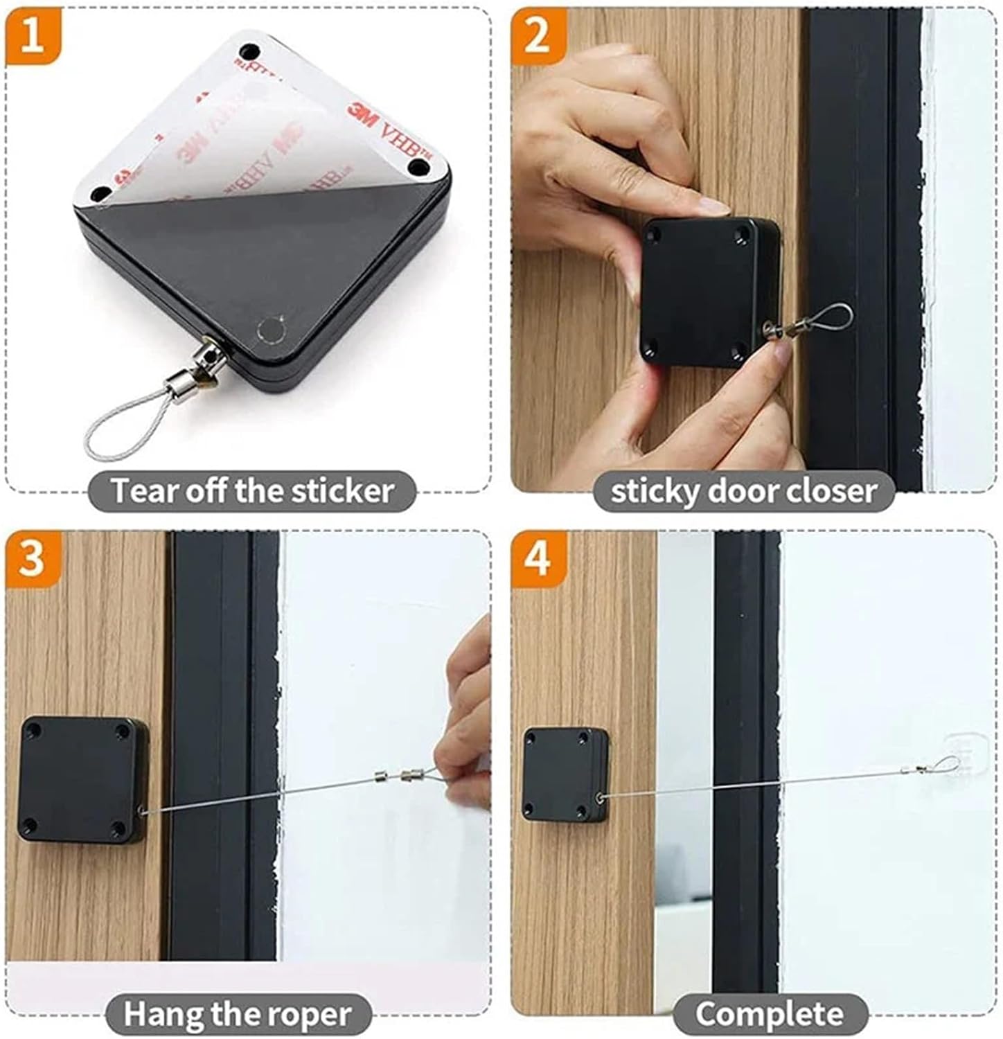 Upgraded Punch-Free Screen Door Closer, Sliding Auto with Steel Drawstring for Bathroom, Bedroom(Black 1pcs)