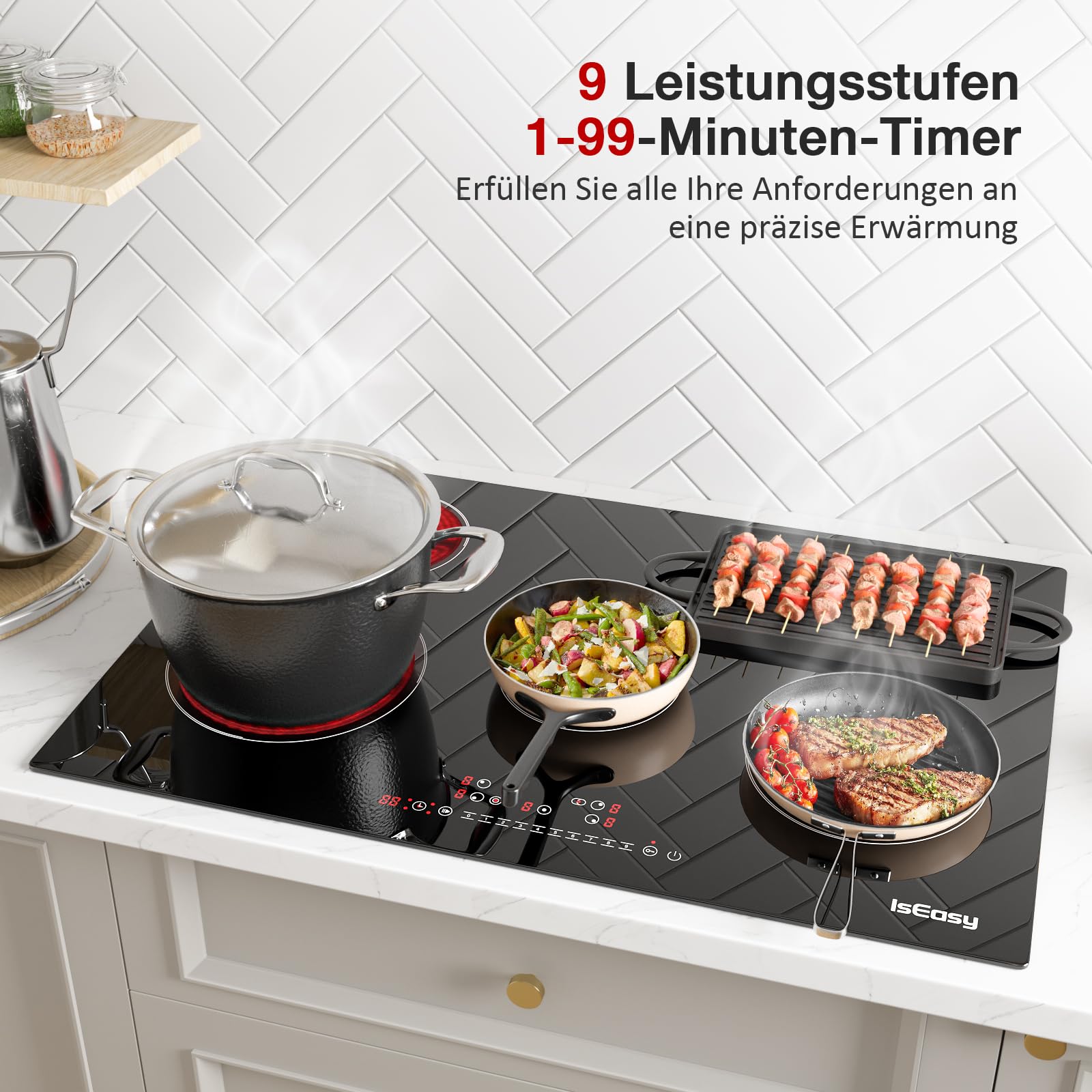 Glaskeramikkochfeld 5 Platten 77cm 8600W 5 Zonen IsEasy Einbau Kochfeld