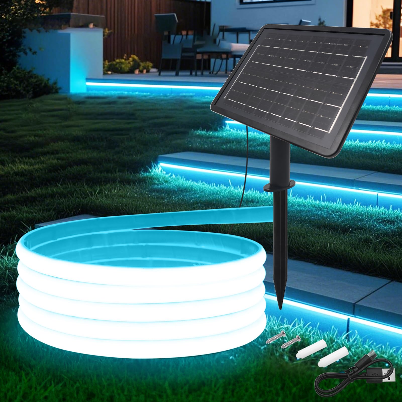 24V COB LED tira de neón [10m, Ice Blue], 2400MAH controlador de panel solar, 8 modos, IP68 a prueba de agua flexible FCOB LED tira de neón para el dormitorio Jardín Pasillo Decoración