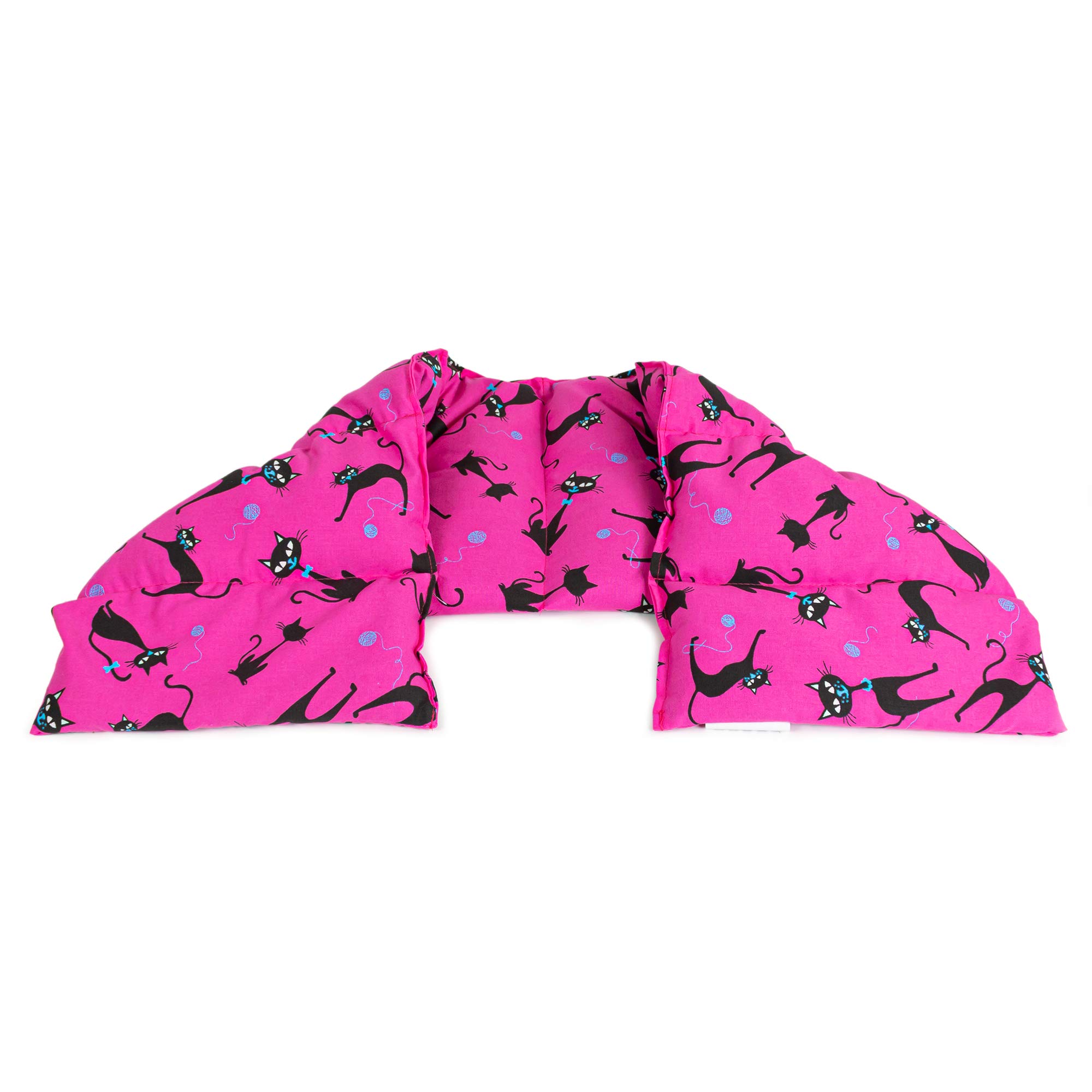 Saco térmico con pepitas de uva compartimentado en 8, 75x20cm - gato negro fondo fucsia - Almohada térmica para microondas - Calor y frío - Cojín térmico con semillas
