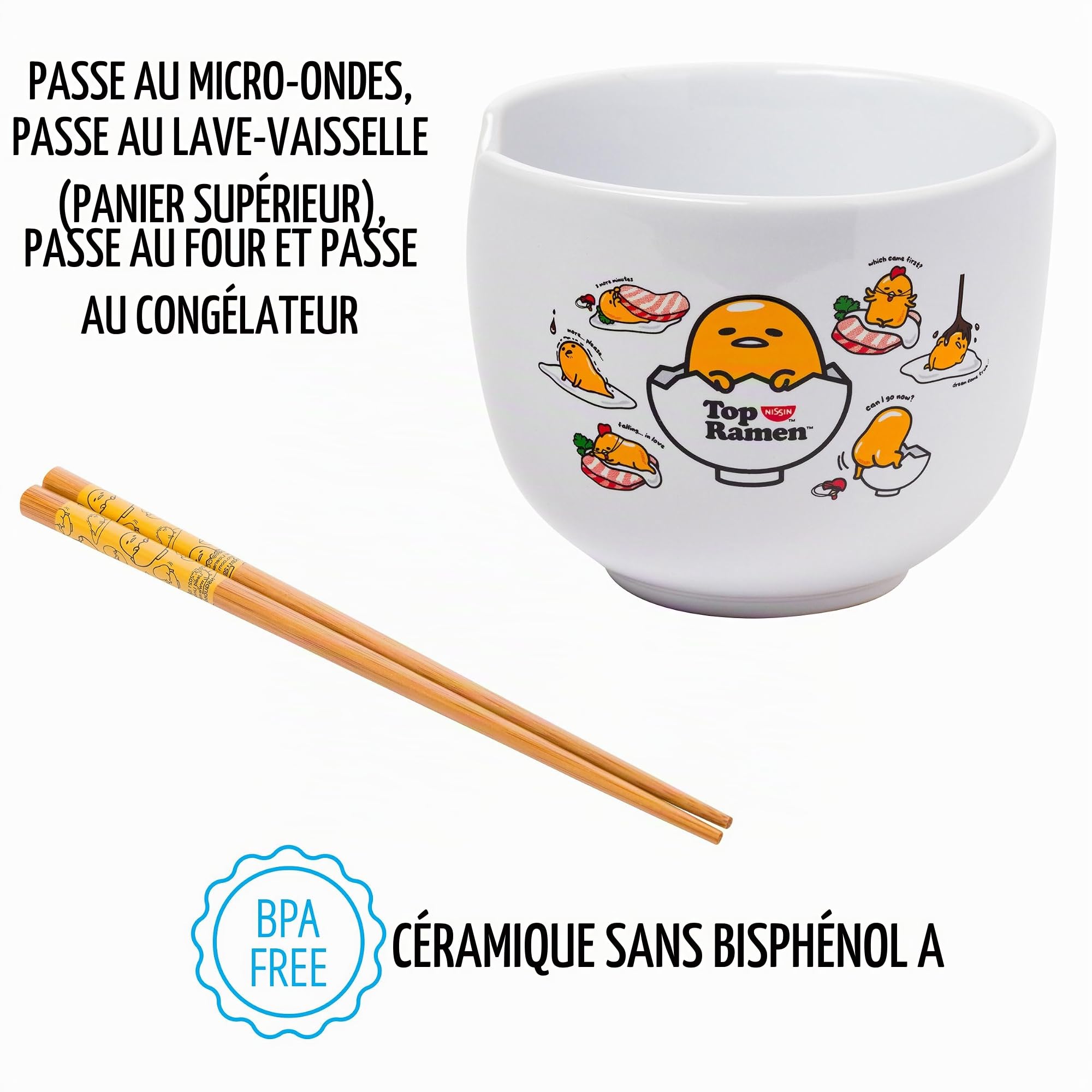 Silver Buffalo Sanrio Gudetama Lazy Egg Poses Top Ramen Nissin Bol à riz en céramique avec baguettes Passe au micro-ondes 590 ml