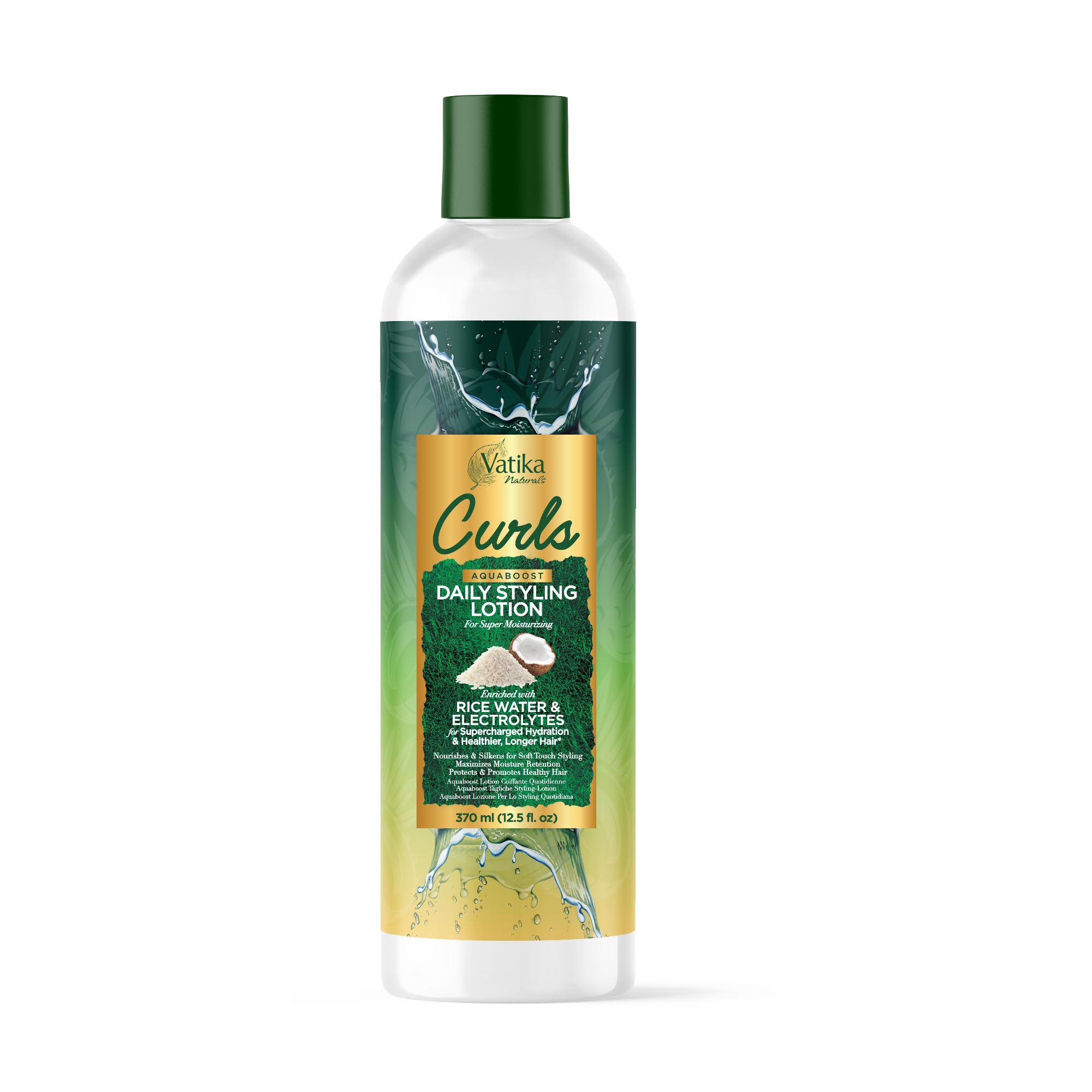 Vatika Naturals Curls AQUABOOST Daily Styling Lotion with Rice Water & Electrolytes – Hydrating, Moisturizing & Frizz-Control Styling Cream for Curly, Wavy & Textured Hair, 370ml