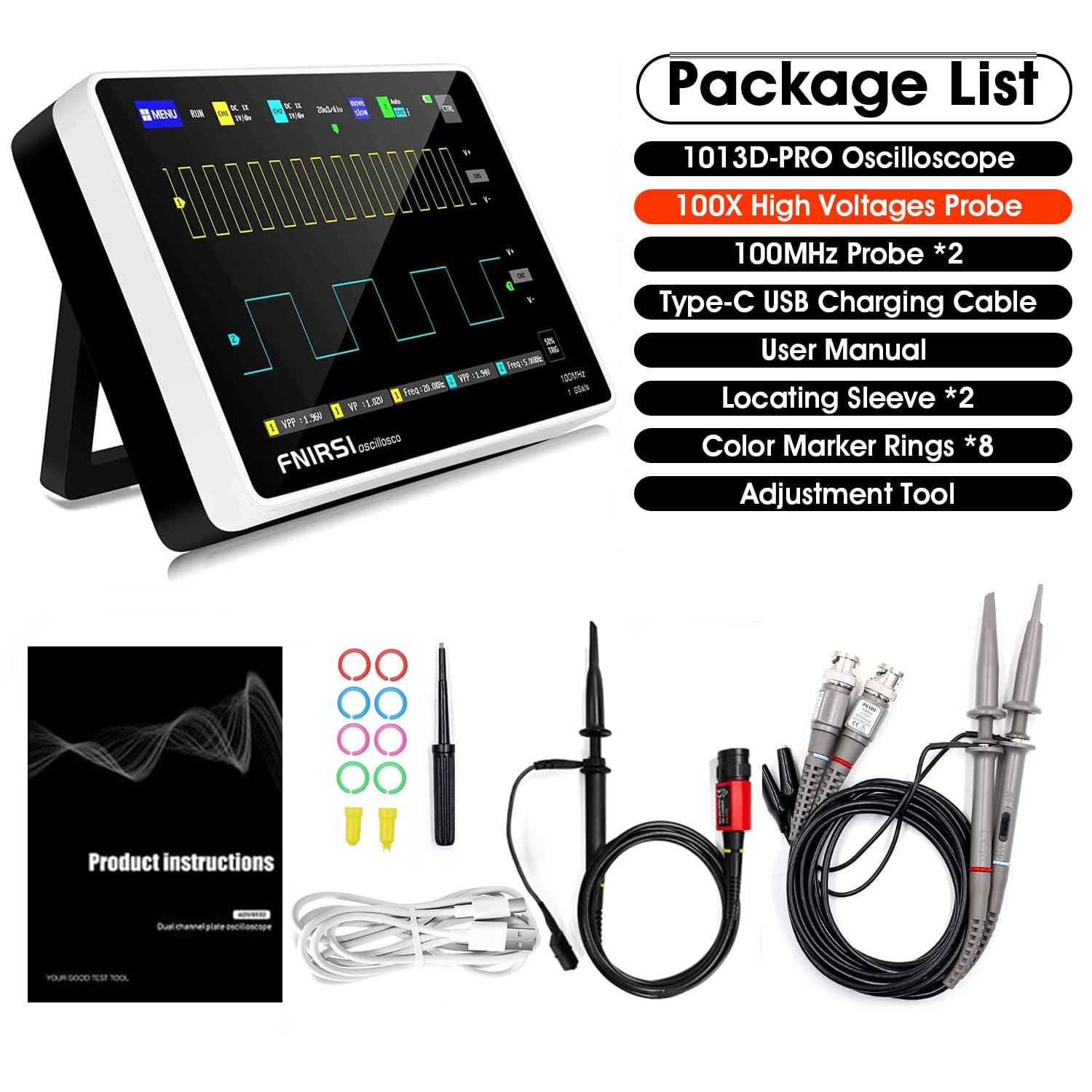 Oscilloscopio Tablet a 2 Canali, WapoRich Oscilloscopio Portatile con Sonda ad Alta Tensione 100X, Larghezza di Banda 100MHz, Frequenza di Campionamento 1GSa/s, Memoria per 1000 Screenshot