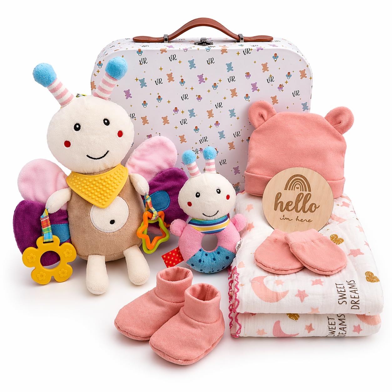 Veviur – Baby Geschenkset Windeltorte – Neugeborenen Geschenkbox mit sensorischem Kuscheltier, passender Rassel & Babyzubehör – Ideales Geburtsgeschenk für Jungen und Mädchen