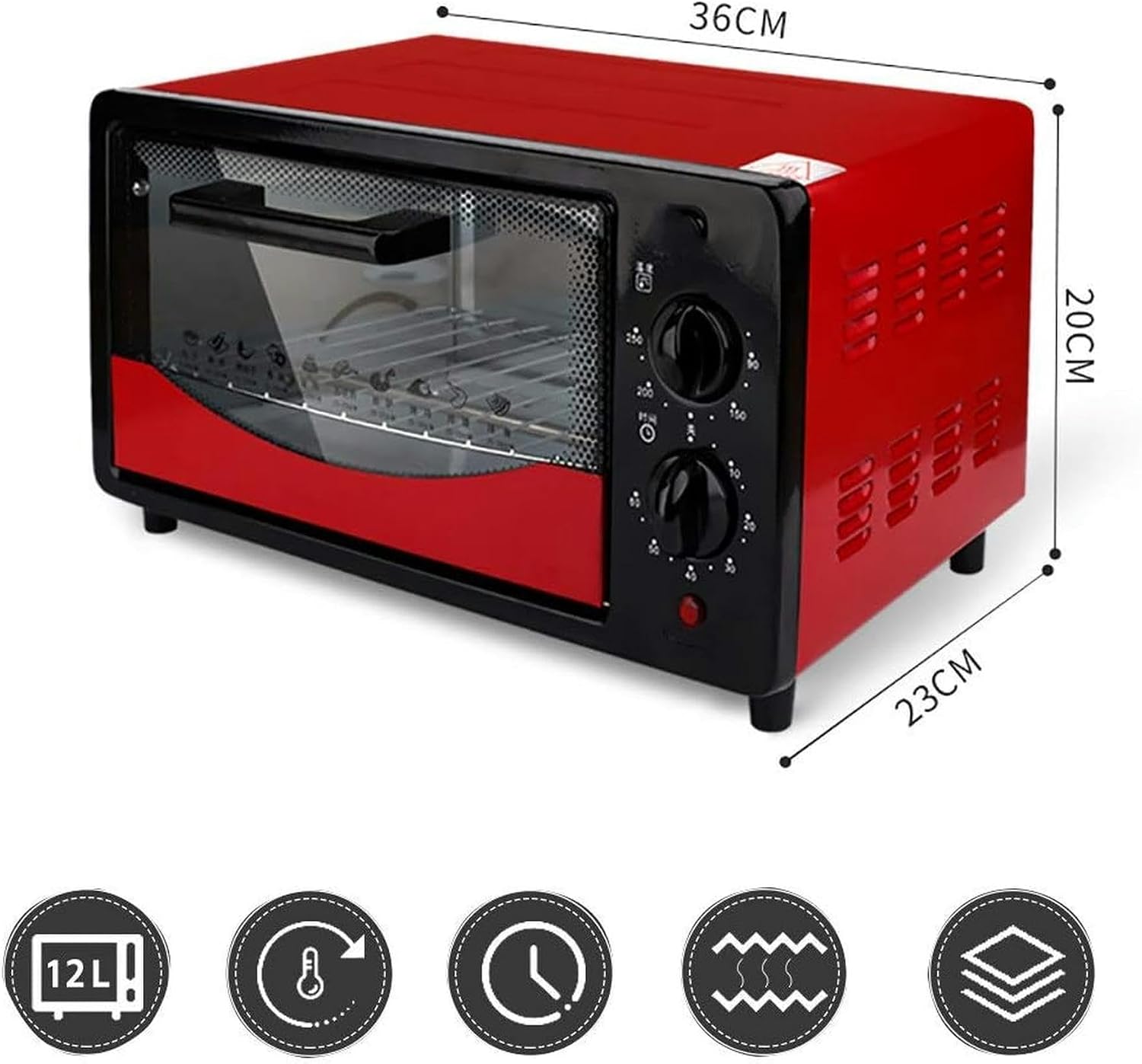 Mini 12 -Liter Oven, With Three -Layer Glass Door, 500 W Electric Oven, Small Oven, Multicocin, Adjustable Temperature Control, 60 -Minute Automatic Dump Timer