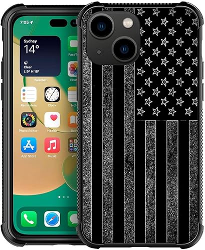 ZHEGAILIAN Funda compatible con iPhone 14 Plus, funda de bandera estadounidense en blanco y negro, parte trasera de vidrio templado + funda