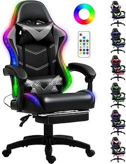 Gaming Chair, Racing Style RGB LED Lights Gaming Chairs for Adults and Kids, Lumbar Massager Gamer Chair, High Back Reclining Computer Chair with Footrest and Headrest (Black/Gray)