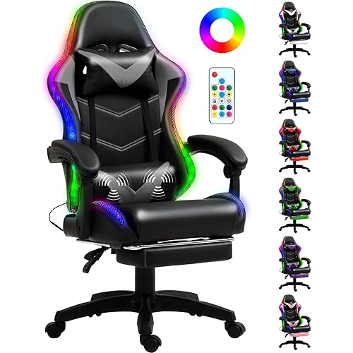 Gaming Chair, Racing Style RGB LED Lights Gaming Chairs for Adults and Kids, Lumbar Massager Gamer Chair, High Back Reclining Computer Chair with Footrest and Headrest (Black/Gray)