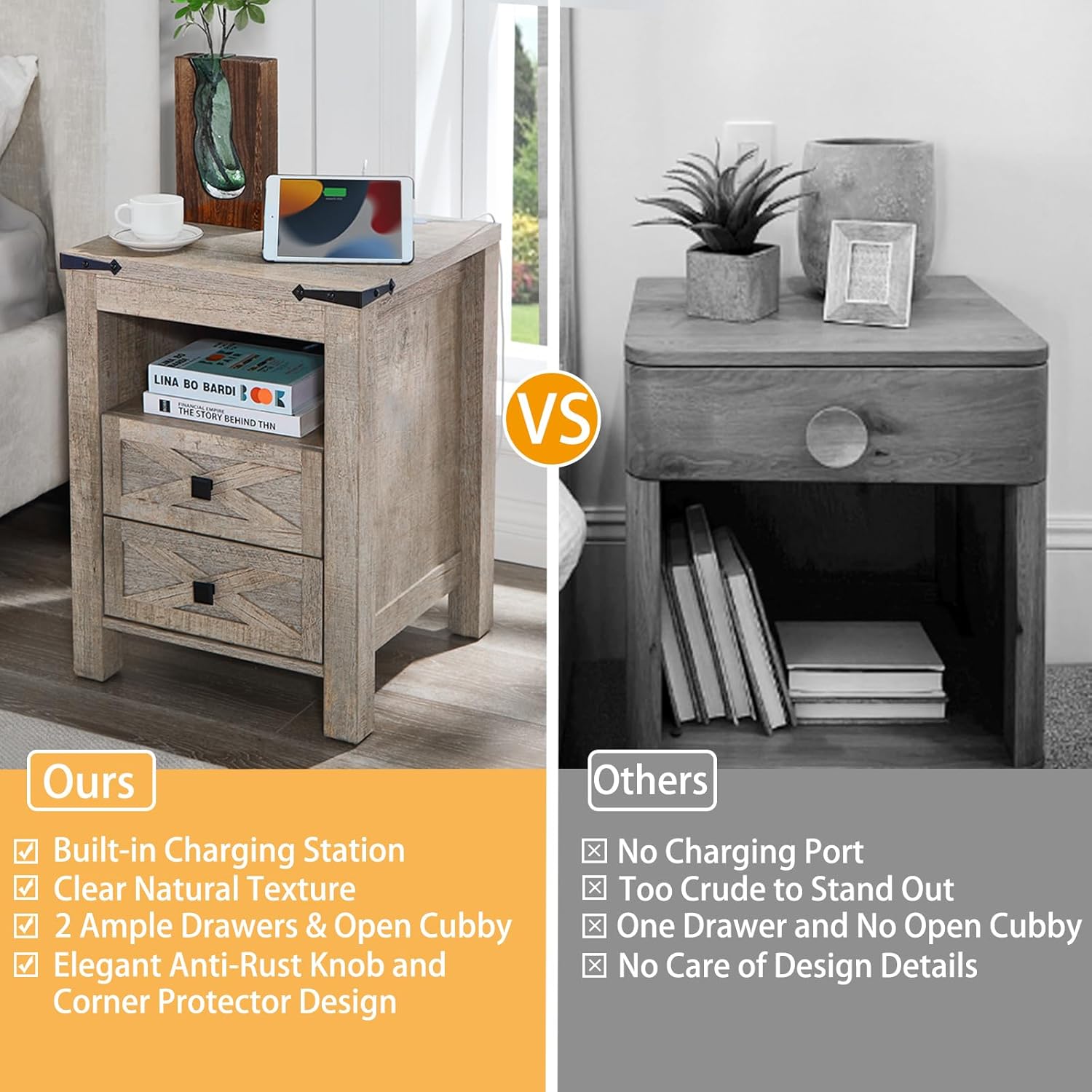 Gray Farmhouse Nightstand with Charging Station and Storage