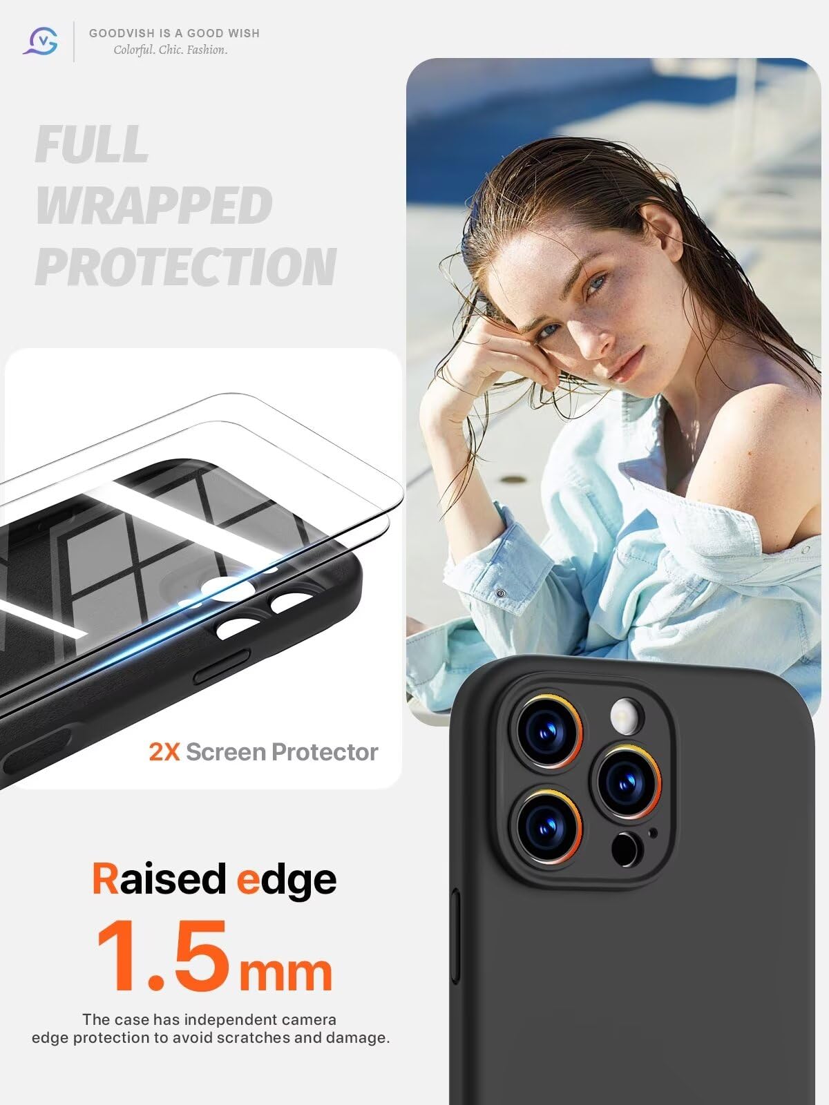 GOODVISH 3 in 1 Silicone Cover per iPhone 16 Pro 6.3", Custodia con 2 Pellicola Vetro Temperato [Protezione Fotocamera] 360° Protezione Anticaduta Case per Cellulare Antiurto Resistente, Nero