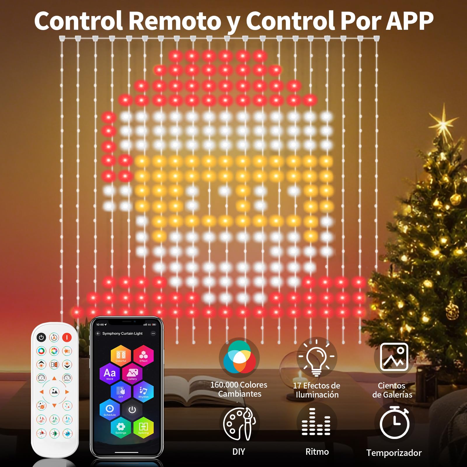 YOOHBERRYS Cortina de Luces, Cortina LED Inteligente Con Control Remoto/APP, USB, DIY Dinámico e Minutero, 400 LEDs Cortina Luminosa Luces Navidad Boda Exterior e Interior IP65 (2 x 2M)