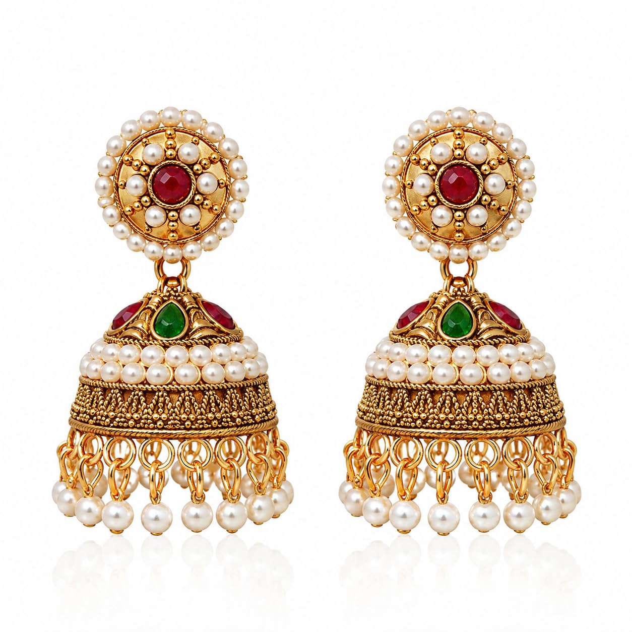 Gold Tone Small Kundan Jhumka Earrings for Women with Pearl Drops, Antique Ethnic Jewelry, Bridal Wedding Party Accessories, Pack of 1-image-12