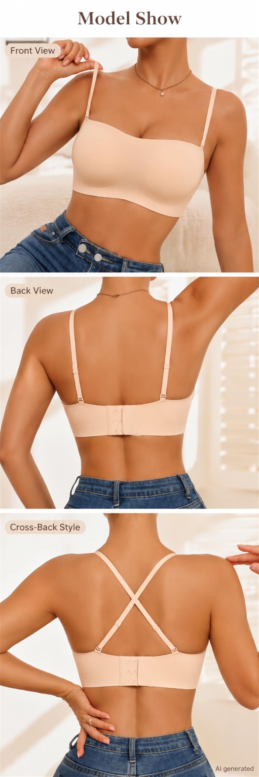 Reggiseno senza spalline senza spalline con supporto antiscivolo in | Cuscinetti semi-fissi, cinghie convertibili, quattro ganci posteriori di fila, liscio sotto i vestiti