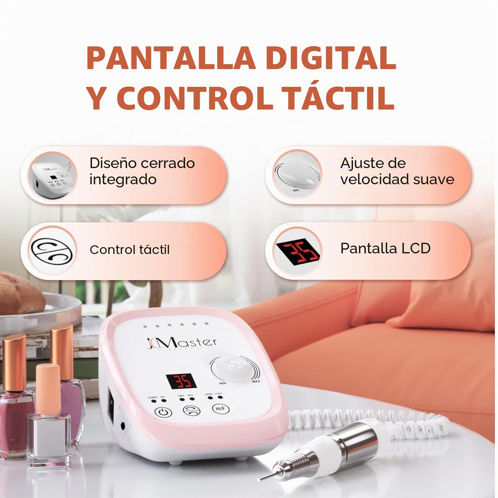 JCMASTER Torno para úñas profesional 35000 rpm lima de uñas eléctrica con pedal para geles acrílicos, cortaúñas eléctrico para estudio de esteticistas y en casa,manicura incl seis puntas, Rosa