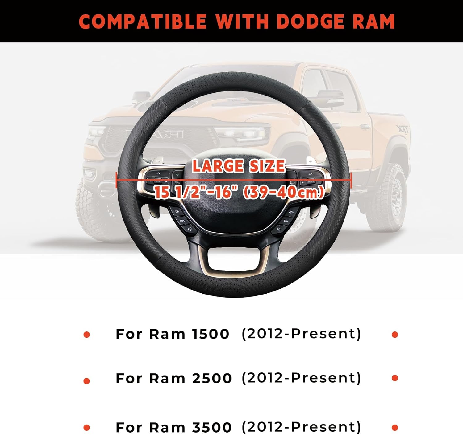 Steering Wheel Cover for Dodge Ram 1500 2012-2026, Ram 2500, Ram 3500, Large Size 15.5-16" (Black-Half Carbon Fiber)