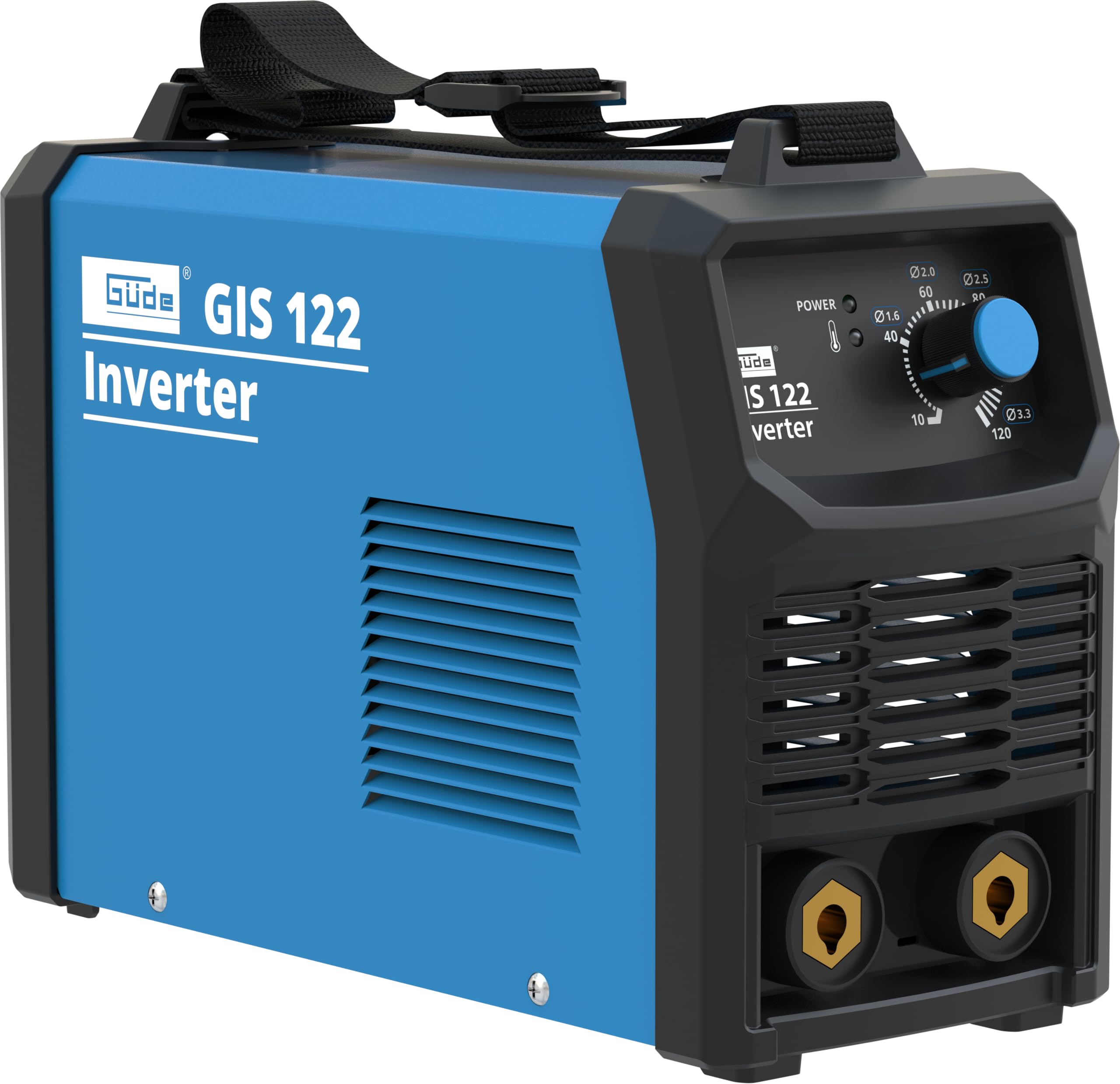 Güde GIS 122 - Soldadora inversora (230 V, 16,7 W de potencia de ralentí, 3,6 kVA máx. potencia de red, rango de regulación de 10-120 A, incluye soporte para electrodos, abrazadera de tierra, martillo