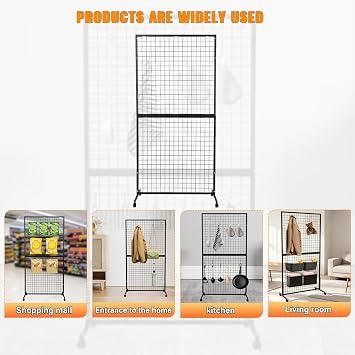 180CM Supermarket Grid Wall, Black Metal Display Rack With Wheels Gridwall Panel Tower Floorstanding for Craft Shows, Portable Retail Grid