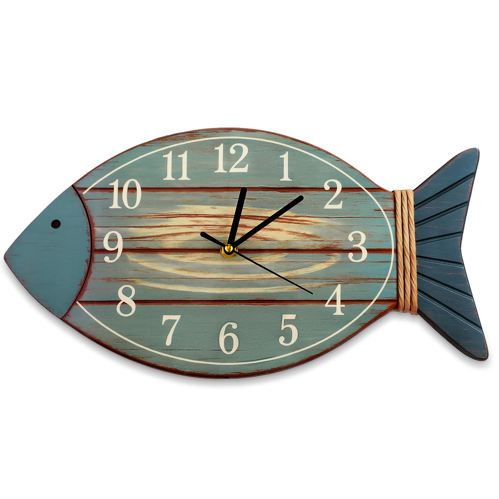 Photo 1 of Cunno Silent Wooden Fish Shape Wall Clock Coastal Beach Lake House Decor Non-Ticking Rustic Ocean Style Timepiece for Living Room Bedroom Kitchen, Battery Operated