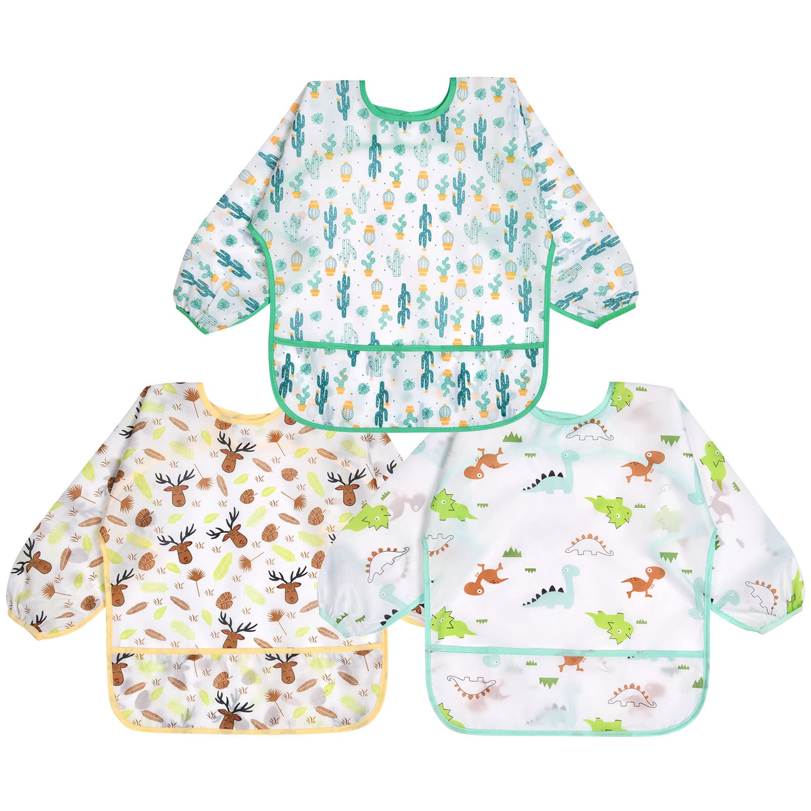 Vicloon Bavaglini Impermeabili con Maniche Lunghe, Set di 3 Bavaglini Pappa Svezzamento Bavaglino a Manica Lunga Grembiule Pappa, Grembiule per Gioco/Pittura e Mangiare da Bambini 6 Mesi a 3 Anni