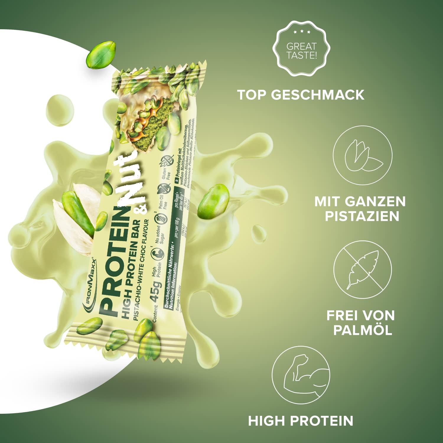 IronMaxx Protein & Nut Proteinriegel - Pistachio White Choc 24 x 45g | High-Protein-Bar mit echten Pistazien | Eiweißriegel glutenfrei, ohne zugesetzte Zucker und palmölfrei