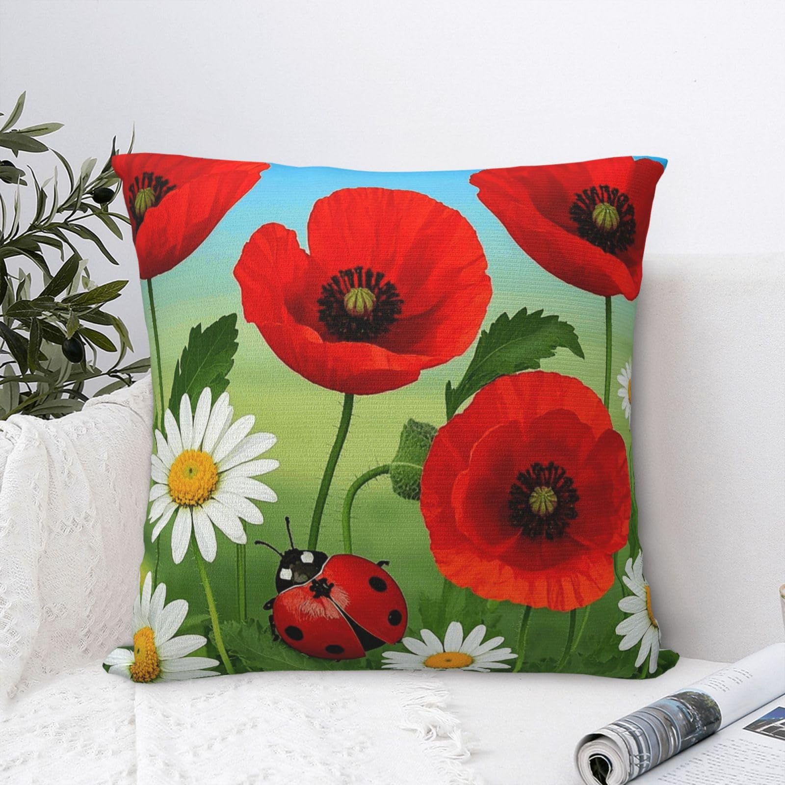 FodPand Luxury Velvet Throw Pillow Covers 24"x24" Super Soft Decorative Pillow Cases - Chamomile Ladybug and Daisy Pillowcases Modern Lumbar Cushion Cases for Couch Sofa Bed Pillow Shams