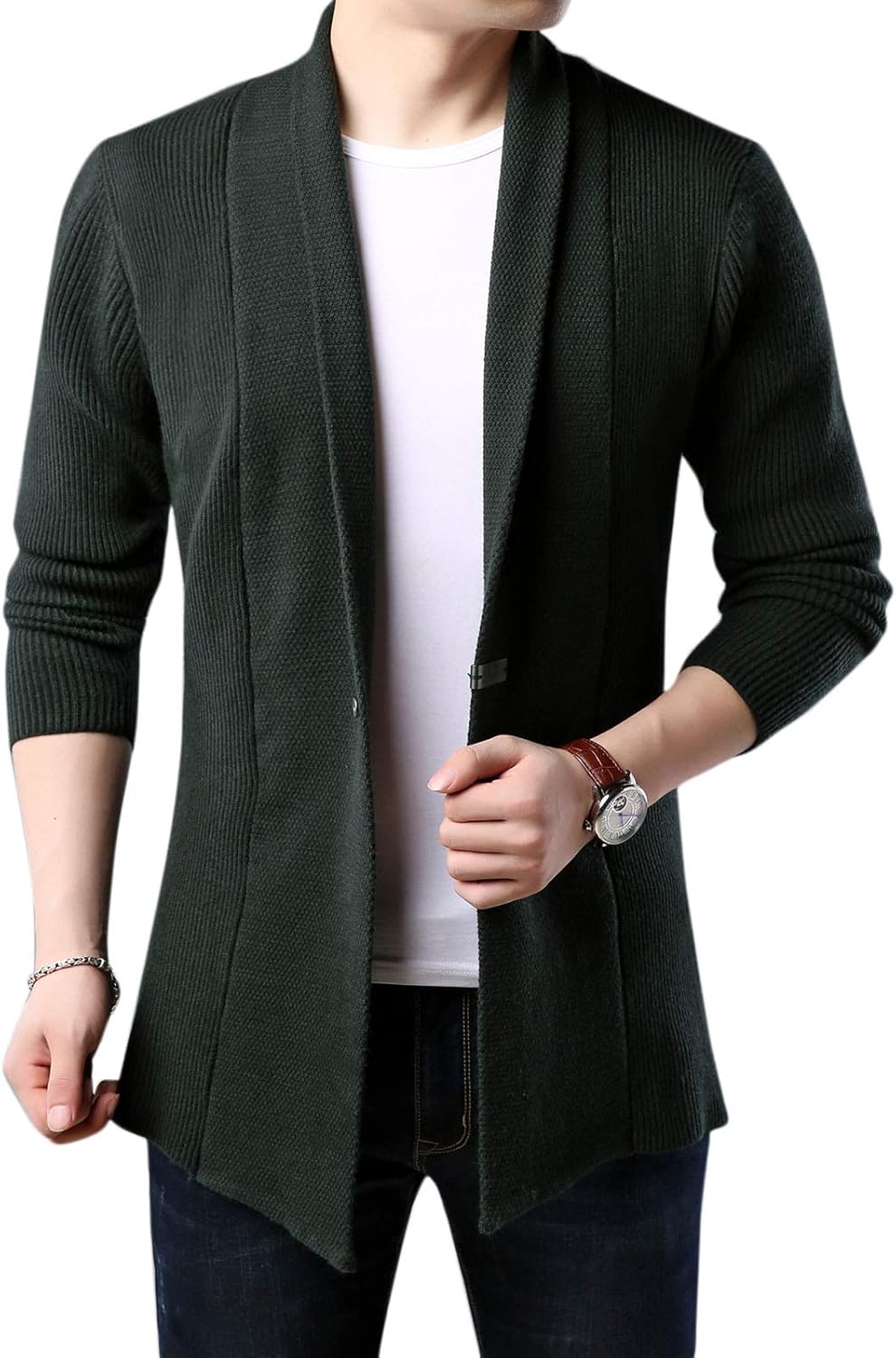 Flygo Men's Shawl Collar Open Front Button Down Thick Cable Knitted Cardigan Sweater
