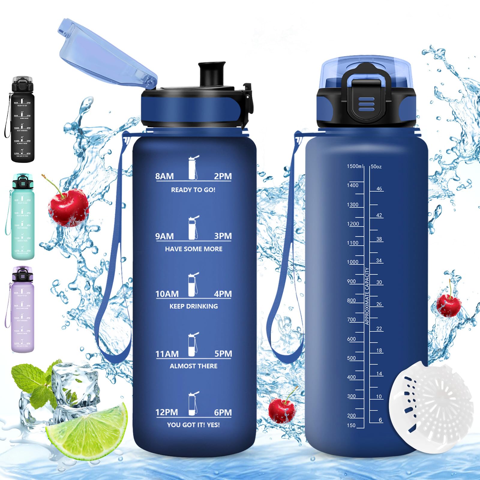 Vikaster Borraccia Sportiva, Borraccia 1500ml, Senza BPA & Prova di Perdite, Borracce per, Adulto, Outdoor, Sport, Trekking, Bici, Scuola, Ufficio, Yoga, Palestra, Campeggio-Blu Navy