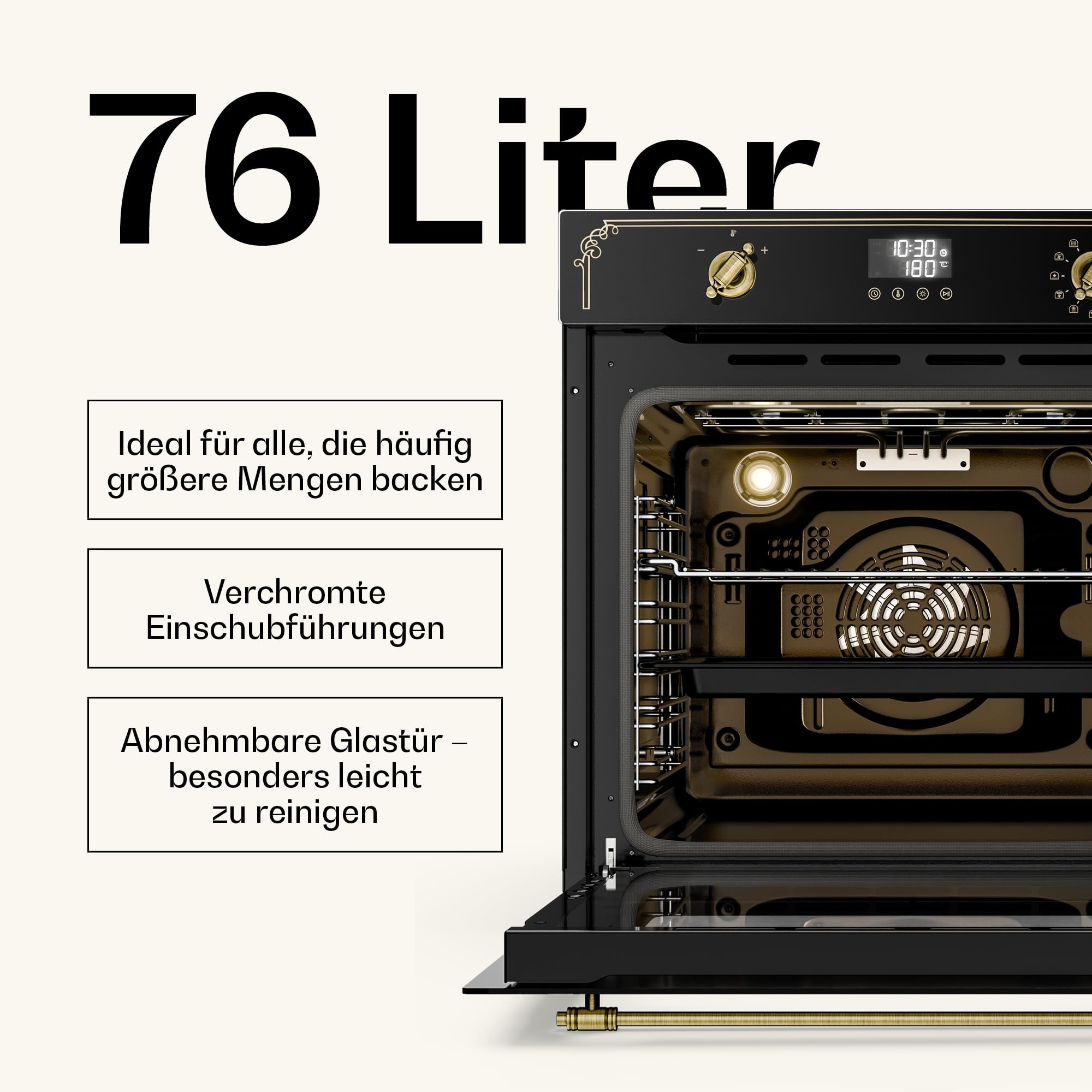 Klarstein Victoria Pyro Einbaubackofen 60 cm 76L Pyrolyse 11 Funktionen Retro Design Energieklasse A Timer Vierfachverglasung Emaille-Innenraum Schwarz