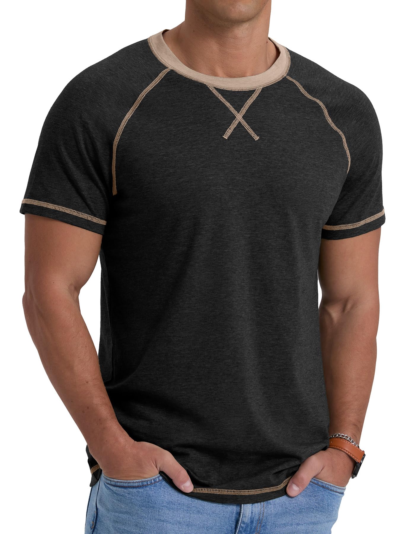 QIXING Męski T-shirt z bawełny, z krótkim rękawem, okrągły dekolt, na lato, lekki, regularny krój, oddychający, na co dzień