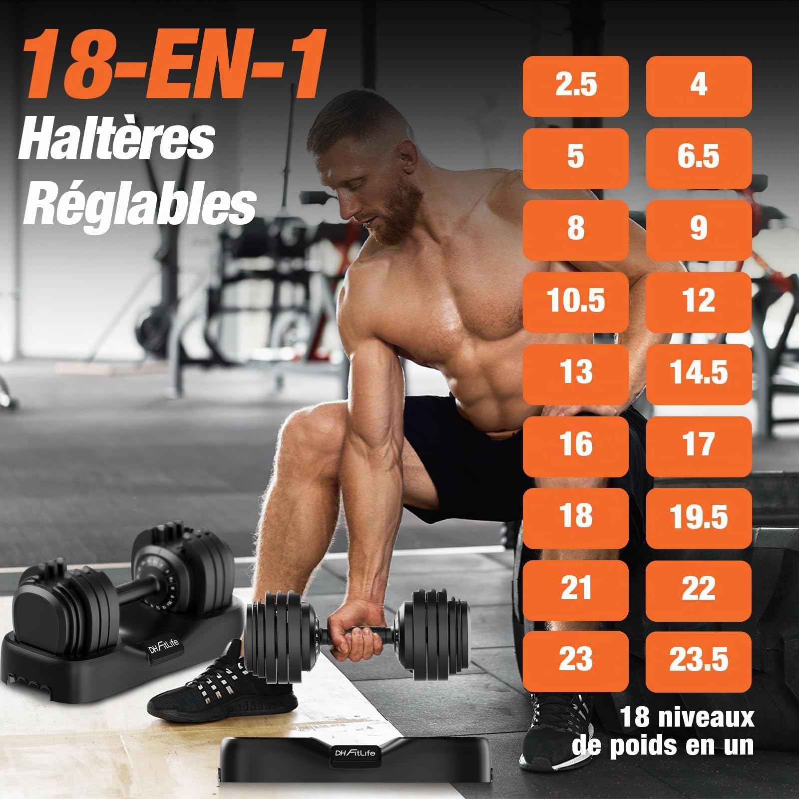 DH FitLife 2026 – Nouveau set d’haltères réglables 2,5 à 25 kg, 18 niveaux, avec disques, pour hommes et femmes