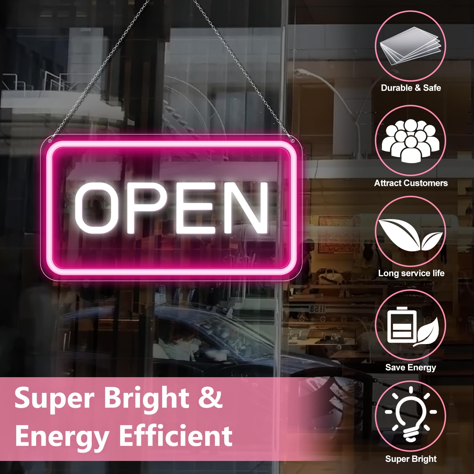 16"x 9" Adjustable Brightness Open Signs for Business Pink White Ultra Bright Lighted Sign Open Powered by USB with ON/OFF - Image 4