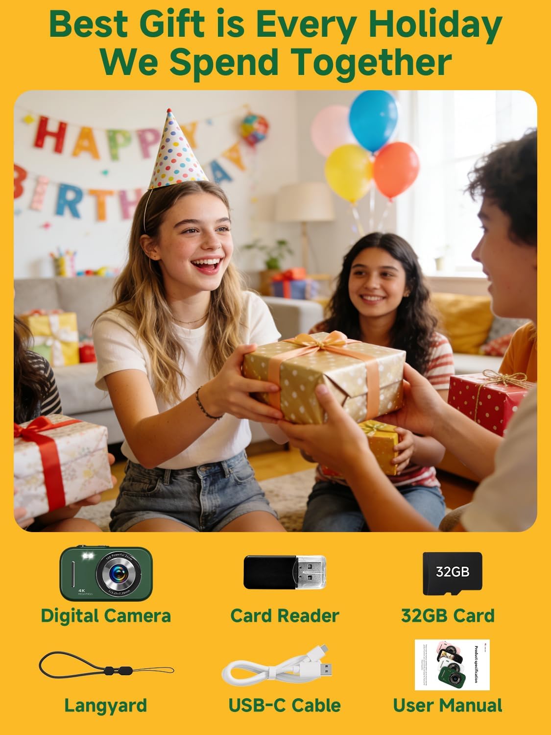 Digital Camera,4K 48MP Compact Camera fo Teens,16X Zoom Anti Shake,21 Filters,Framing Grid, Date Stamp,Slow Motion,MP3 Function, 32GB SD Card,Compact Small Camera for Boys Girls,Green