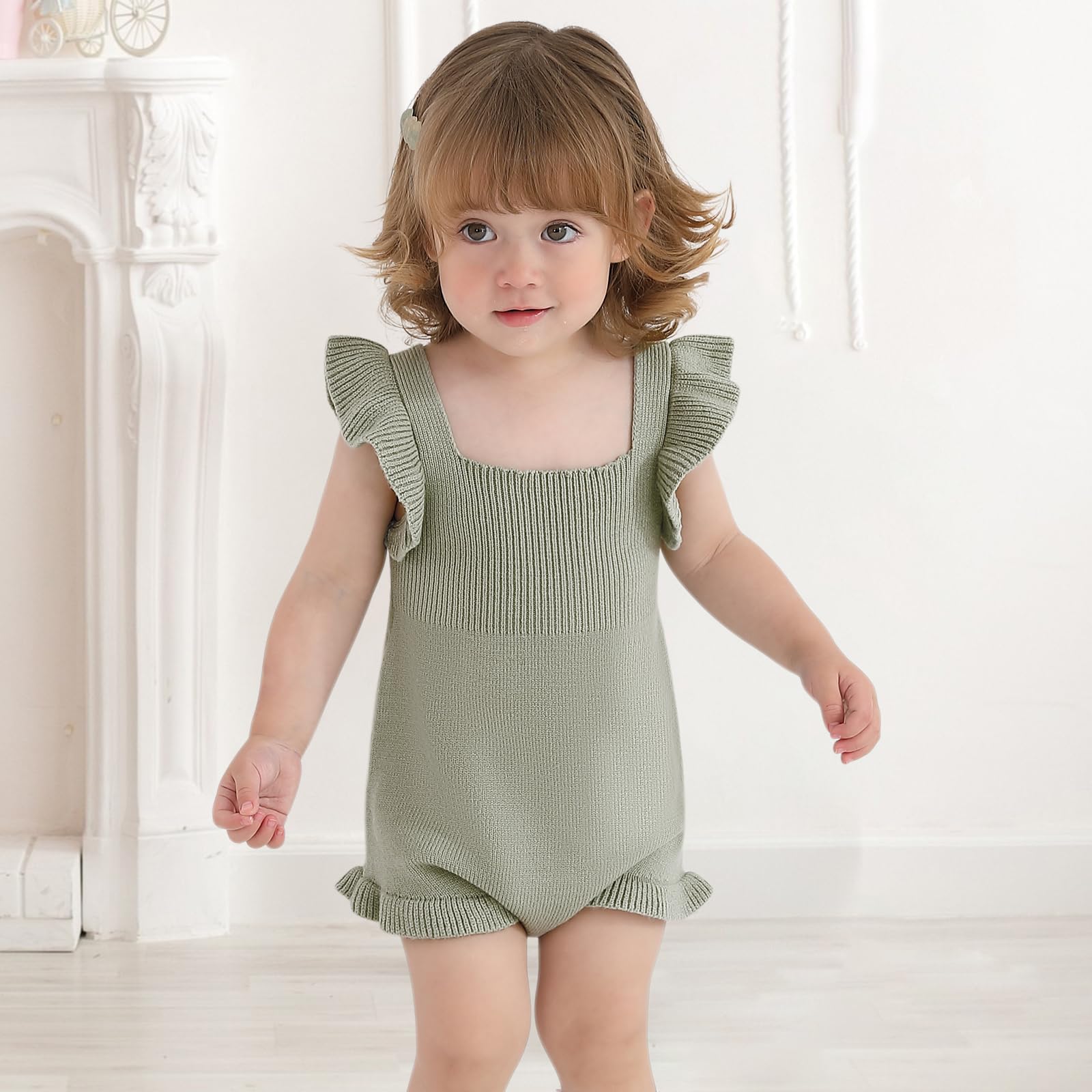 Mameluco de punto con manga con volantes para bebé recién nacido, lindo vestido de verano
