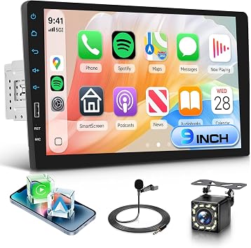 9 Inch Single Din Car Radio Stereo, Wireless CarPlay Android Auto, 1 Din Touchscreen Car Stereo, Bluetooth FM EQ USB SWC MIC, Support Mirror Link Backup Camera