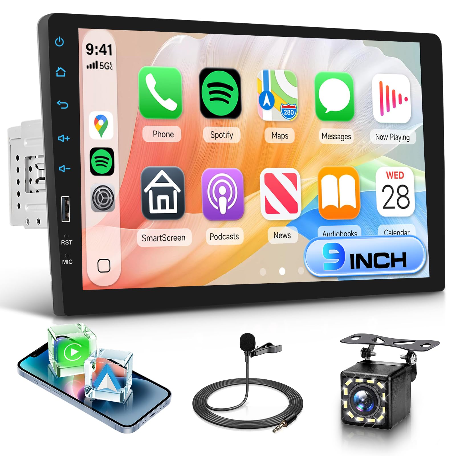9 Inch Single Din Car Radio Stereo, Wireless CarPlay Android Auto