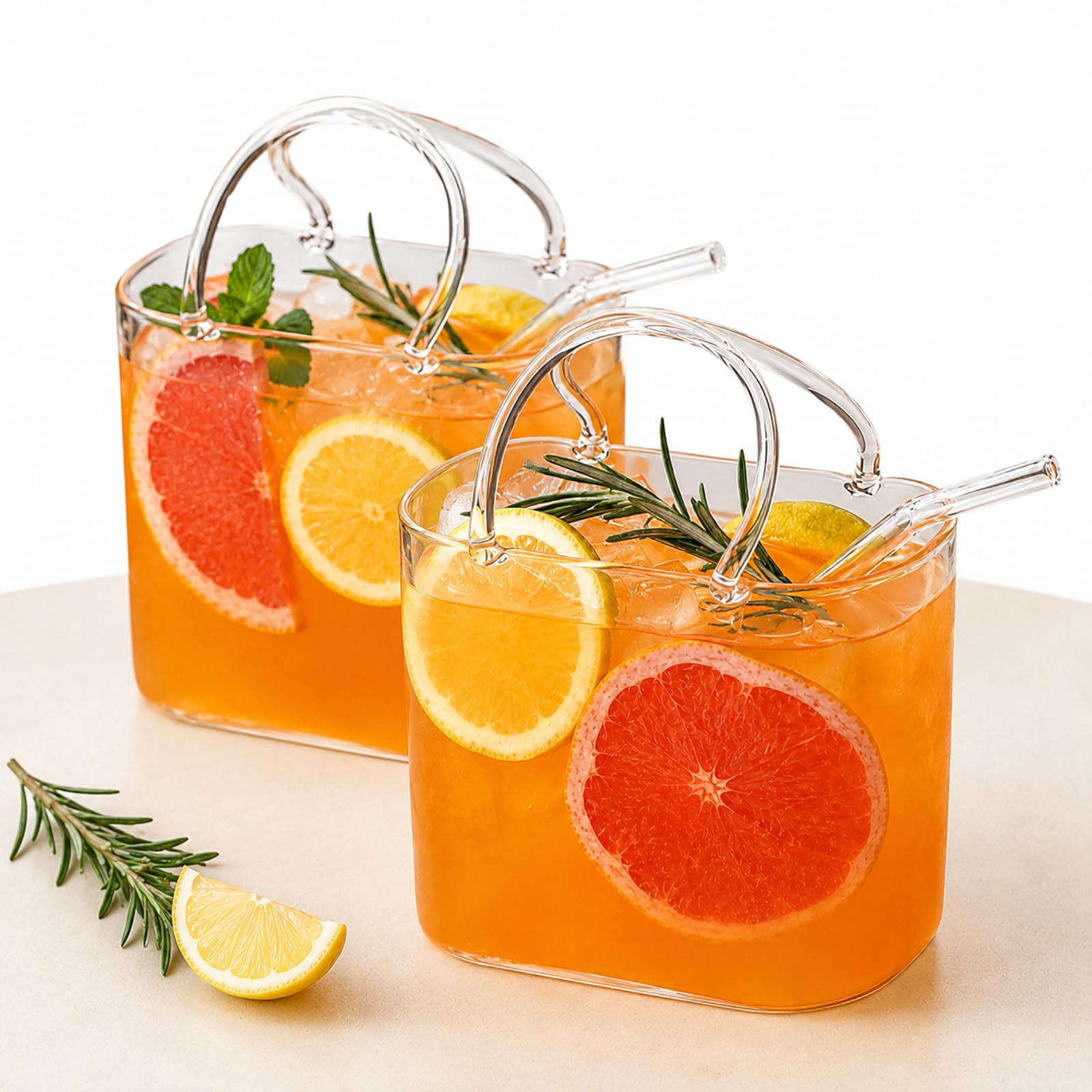 Cocktailgläser in Handtaschenform mit Strohhalm, 770 ml, Borosilikat-Trinkbecher für Cocktails, Saft, Eistee & Partygetränke, 2 Stück