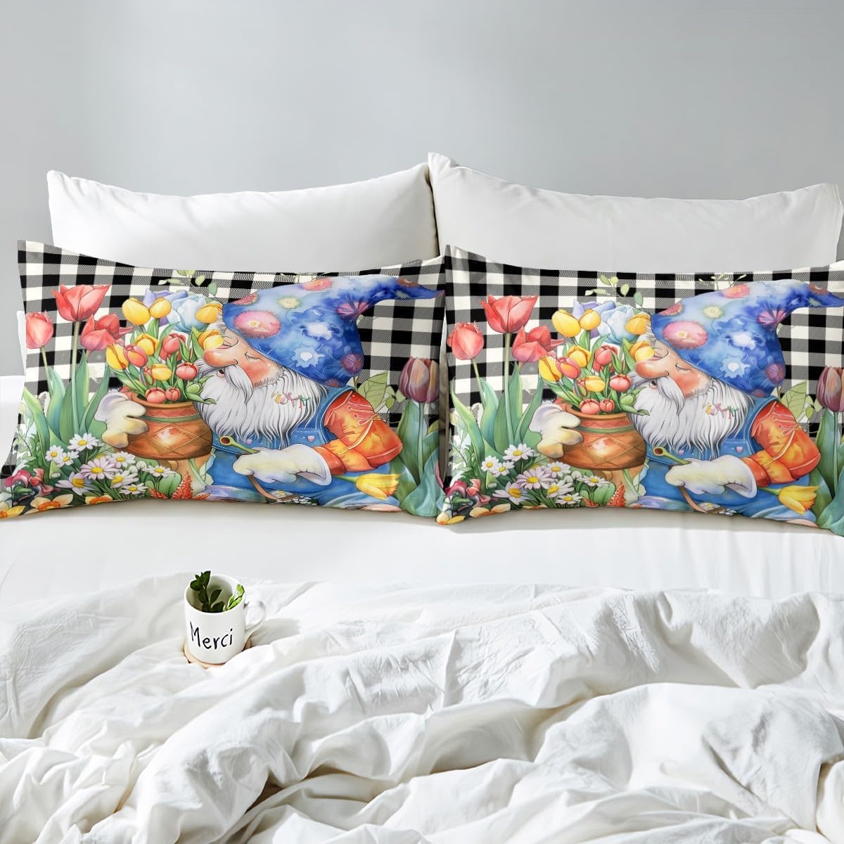 Tulip Floral Gnome Fitted Sheet Queen,Spring Tulip Flowers Bed Sheets,Black White Buffalo Grid Fitted Bed Sheets,Kawaii Gnome Bedding Set with Bouquet for All Season Garden Theme Bedroom Decor 3Pcs