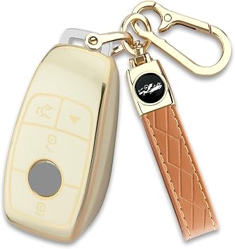 Joouheax for Mercedes-Benz Key Fob Cover with Keychain, Soft TPU Full Protection Car Key Case Shell for Benz GLA GLE GLB GLS GLC CLA CLS C300 AMG A E C S G Class, Gold