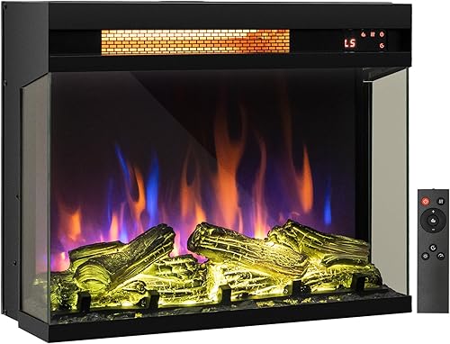 Tangkula Chimenea eléctrica de vidrio de 3 lados de 23 pulgadas con control remoto, calentador de chimenea de 1500 W con termostato, temporizador de