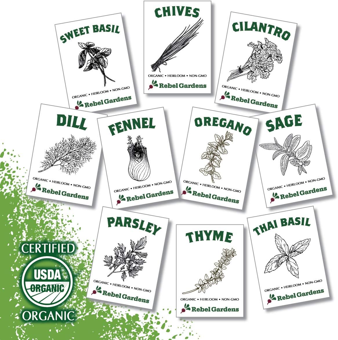 Organic Herb Seeds - Certified Non GMO Heirloom Herbs Home Garden Seed for Planting Indoors and Outdoors (10 Culinary Varieties Pack)