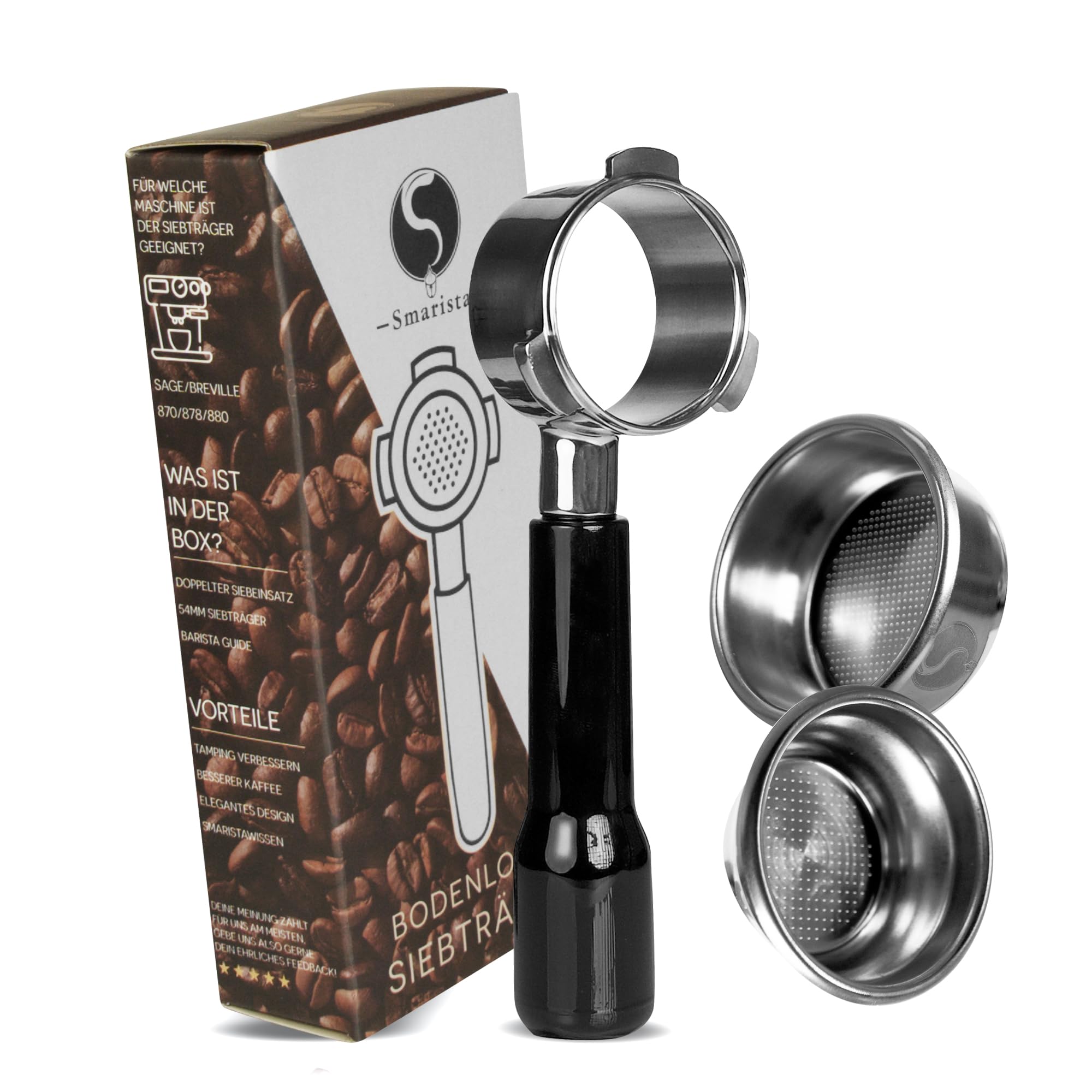 Portafiltro senza fondo 54 mm – Compatibile con Sage/Breville Barista serie 870/878/880 – 54 mm supporto filtro in acciaio inox con filtro e guida Barista [ABS]